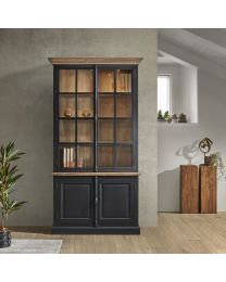 Vitrine 2 Glastüren, 2 Geschlossene Türen In Altschwarz, Teakholz.