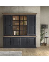 Vitrine 2 Glastüren, 6 Geschlossene Türen In Altschwarz, Teakholz.