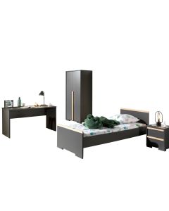 London Jugendzimmer Set 4-tlg. Best. Aus: Einzelbett Lf 90 X 200 Cm, Nachtkonsole Mit 2 Schubladen, Kleiderschrank 2-trg., Schreibtisch, Ausf. Dekor Anthrazit, Absatz Buche Natur Massiv